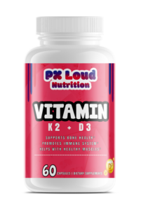 A bottle labeled "vitamin k3 +d3Vitamin K2 + D3" with 60 capsules; claims to support bone health, immune system, and muscle health.