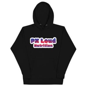 A black Unisex Hoodie featuring "PX Loud Nutrition" in bold, colorful letters on the front.