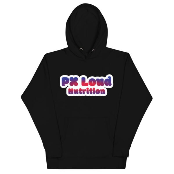 A black Unisex Hoodie featuring "PX Loud Nutrition" in bold, colorful letters on the front.