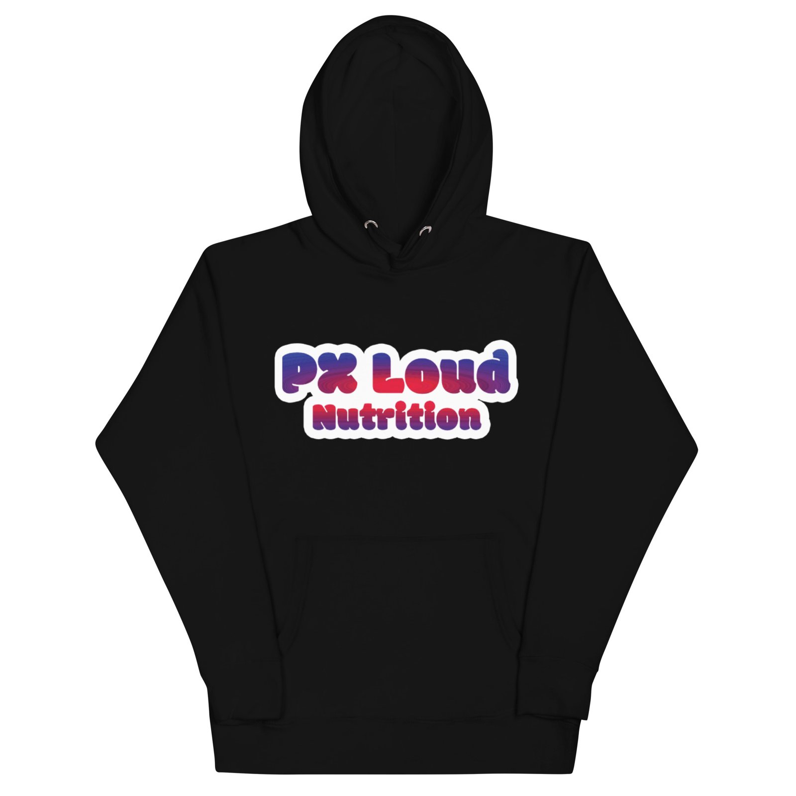A black Unisex Hoodie featuring "PX Loud Nutrition" in bold, colorful letters on the front.