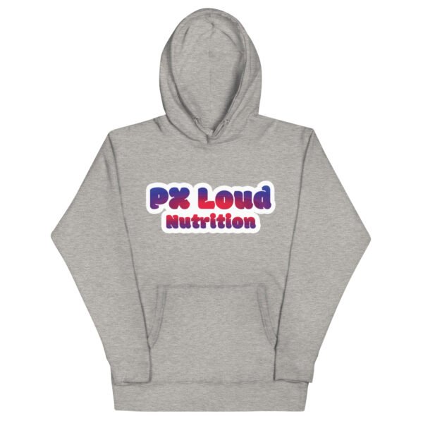 A gray Unisex Hoodie with "PX Loud Nutrition" printed in bold, colorful letters on the front.