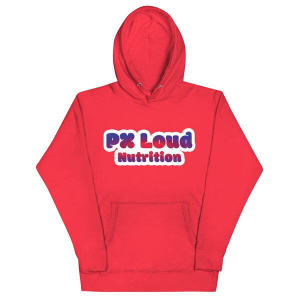 The Unisex Hoodie is red and features "PX Loud Nutrition" in bold white and purple letters on the front.