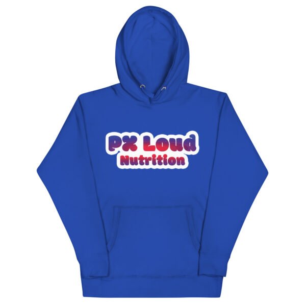 A unisex hoodie in royal blue featuring "PX Loud Nutrition" printed boldly in white and red on the front.