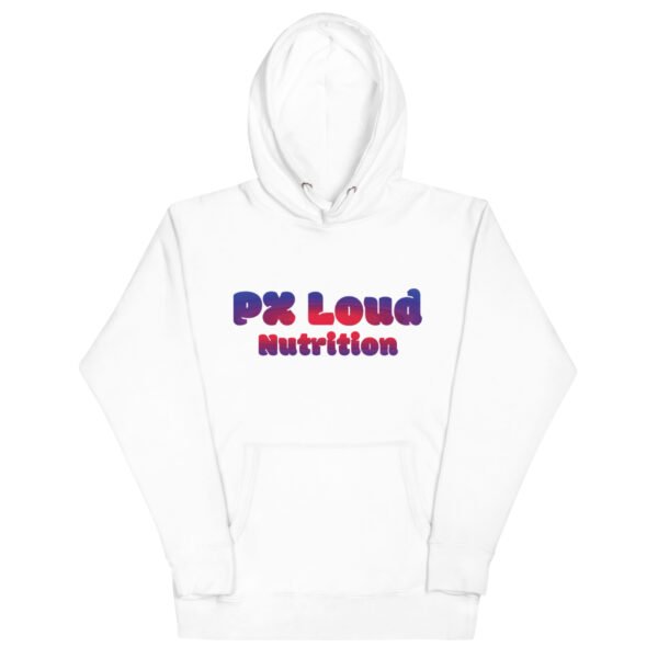 Unisex Hoodie with "PX Loud Nutrition" in bold, gradient purple and red lettering across the front.